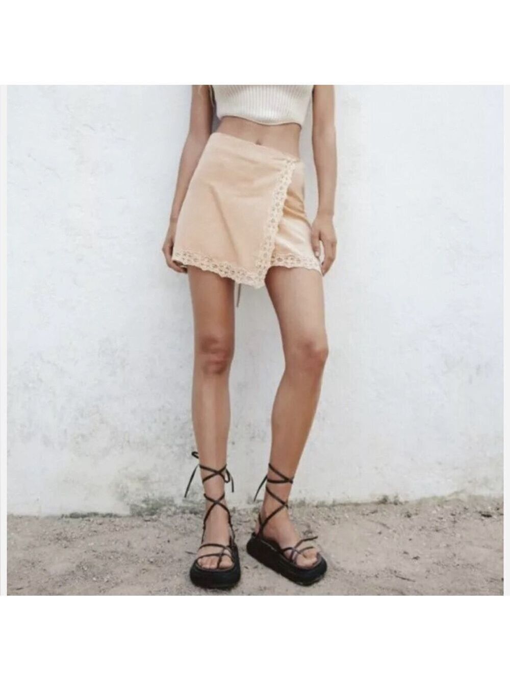 Zara Linen Blend Mini Lace Crochet Trim Neutral Wrap Skirt 7521/206